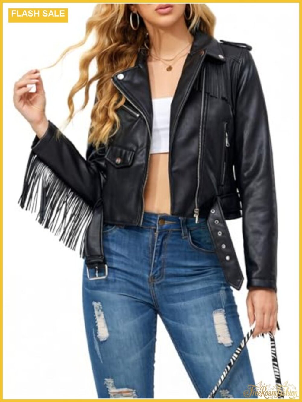 Faux Leather Moto Jacket Belted Tassel Trim